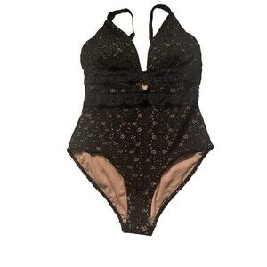 Unbranded Swimsuits Black & Beige Lace Illusion One Piece Swimsuit SIZE L